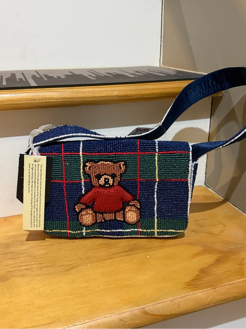 MADE IN INDIA beaded plaid teddy bear flap shoulder bag